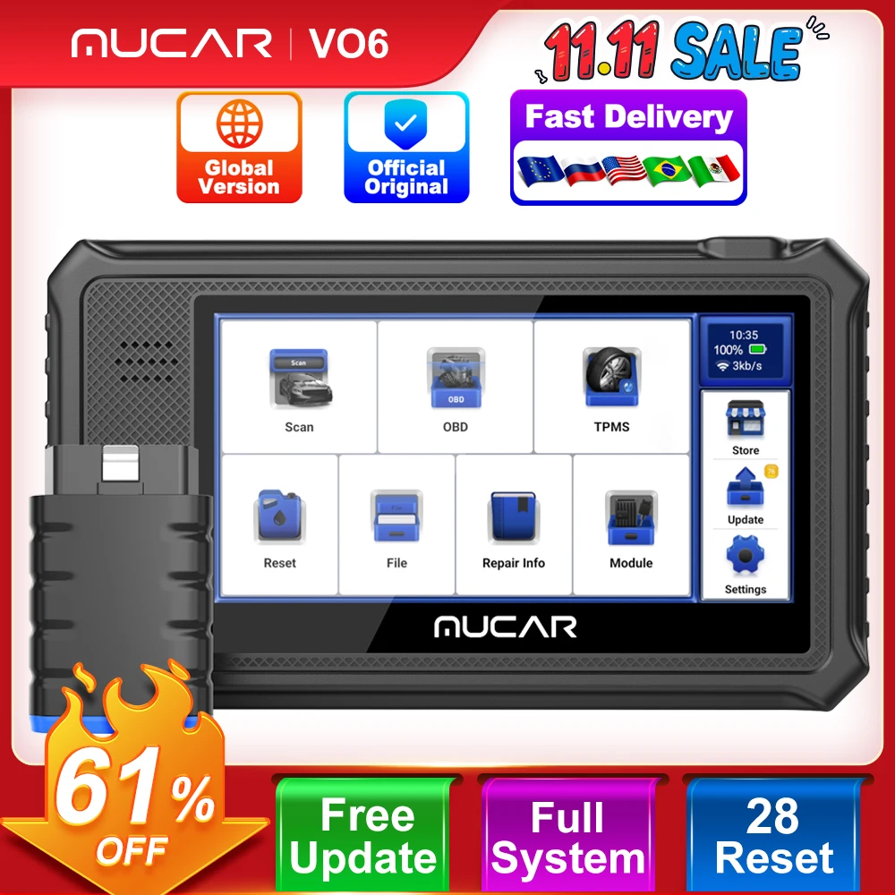 

MUCAR VO6 Профессиональные автомобильные диагностические инструменты Полная система 28, сброс кодирования ЭБУ, двунаправленное испытание, стирание, код ошибки, сканер OBD2