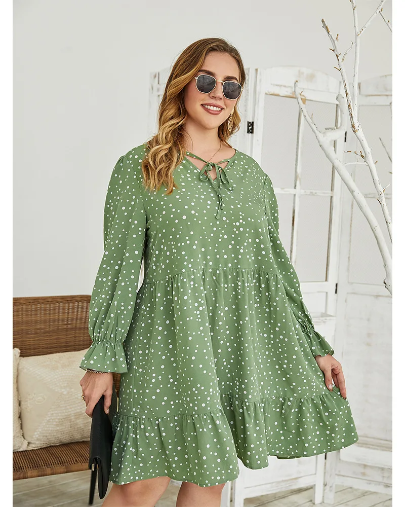

Women Plus Size Dresses Oversize Floral Printed Dots A Line Neck Tie Female Dresses Big Size Lady Dresses