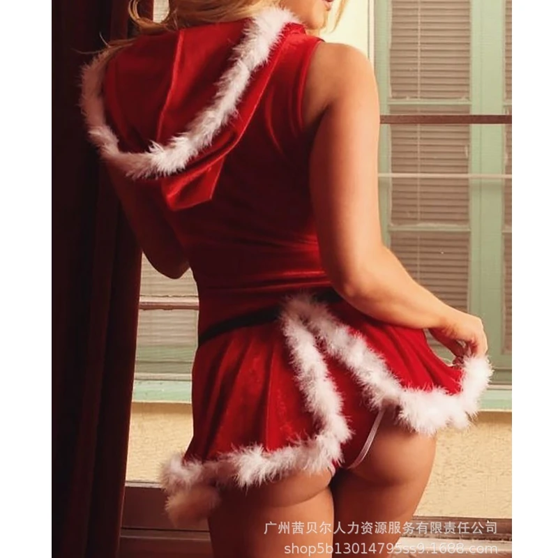 Women Sexy Christmas Underwear Women's Solid Slim Plush Stitching Sleeveless V-Neck High Waist Hooded Split Mini Dress Underwear