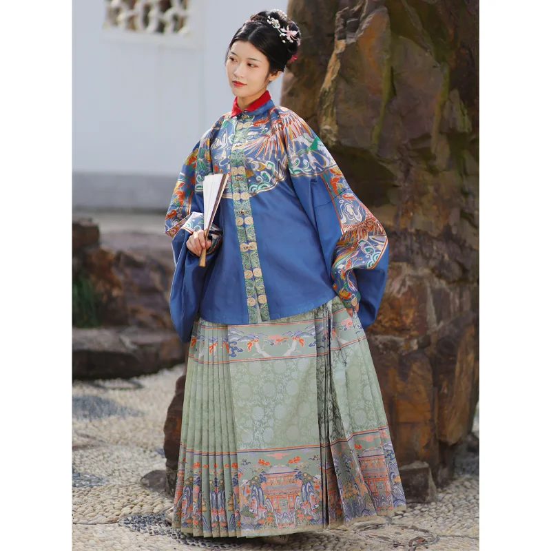 2 Colors Ming Dynasty Horse Face Skirt Traditional Chinese Style Satin Eight Fold Refined Hanfu Women Vintage Green Orange Dress