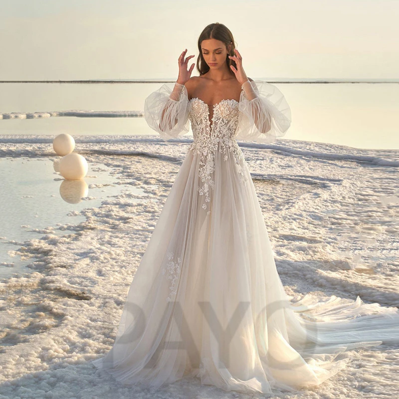 

Vintage Wedding Dress Appliques Crystal Puff Sleeve Elegant Princess Beach Tulle Gown Mopping Vestido De Novia For Women