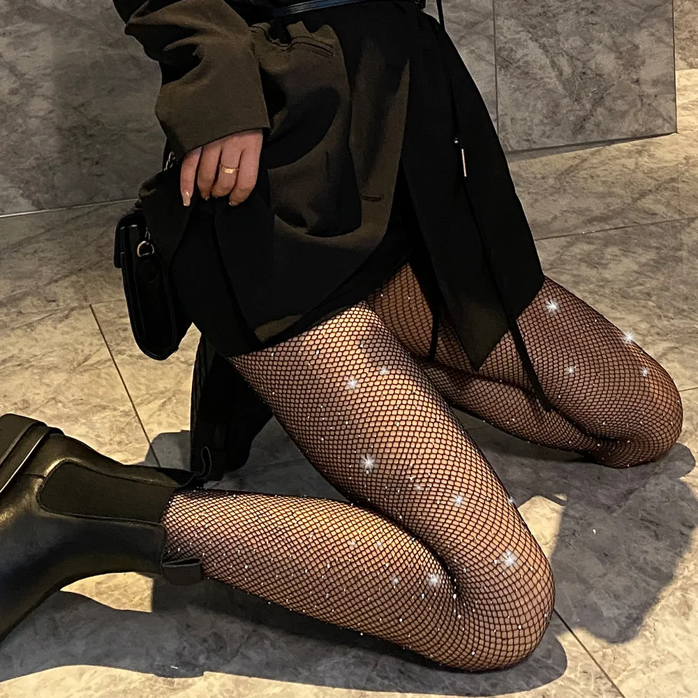 

Summer Fishnet Diamond Pantyhose Women Sexy Fashion Shiny Net Tights Female Slim Rhinestone Mesh Nylon Stockings Tights