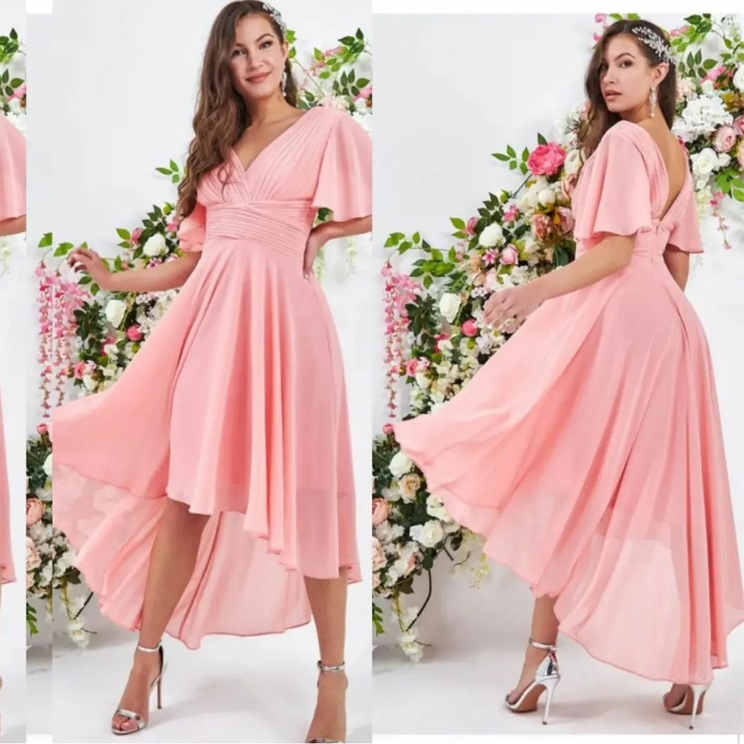 

Винтажные Короткие Розовые платья с V-образным вырезом для подружек невесты, плиссированные шифоновые асимметричные вечерние платья с открытой спиной для женщин