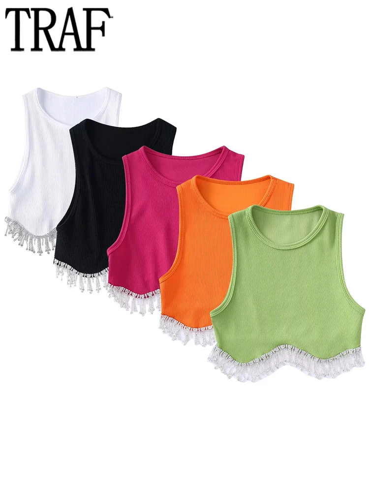 

TRAF 2022 Green Crop Top Women White Rhinestone Tank Tops Woman Summer Sleeveless Vests Short Top Fashion Streetwear Sexy Tops