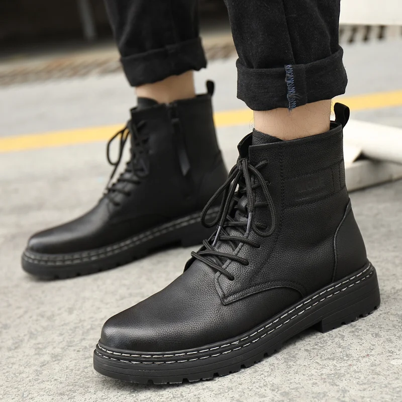 with Fur Warm Luxury Brand Genuine Leather Autumn Winter Stylish Shoes Men Boots Military Tactical Boots Shoes for Man