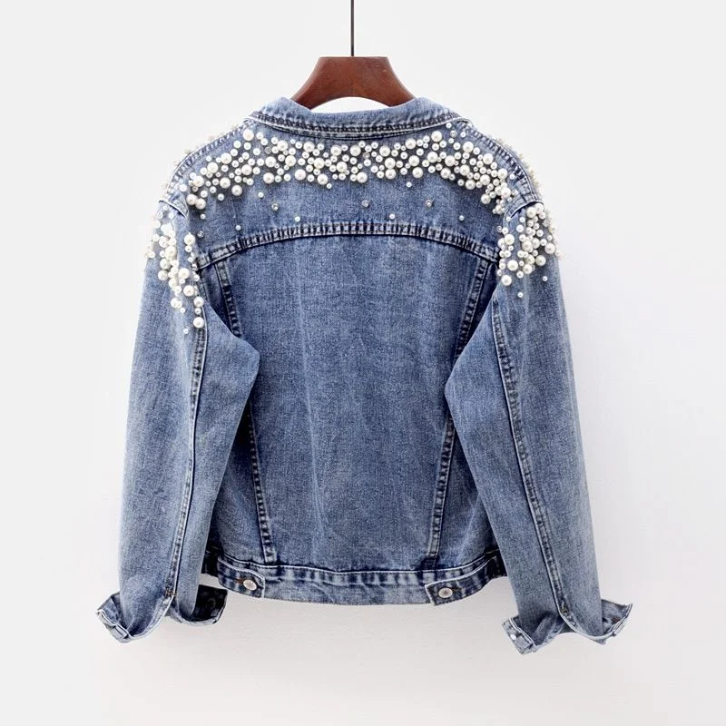 

New Autumn Handwork Beading Denim Jacket Coat Women Casual Slim Outerwear Vintage Blue Long Sleeve Short Jeans Jackets Female