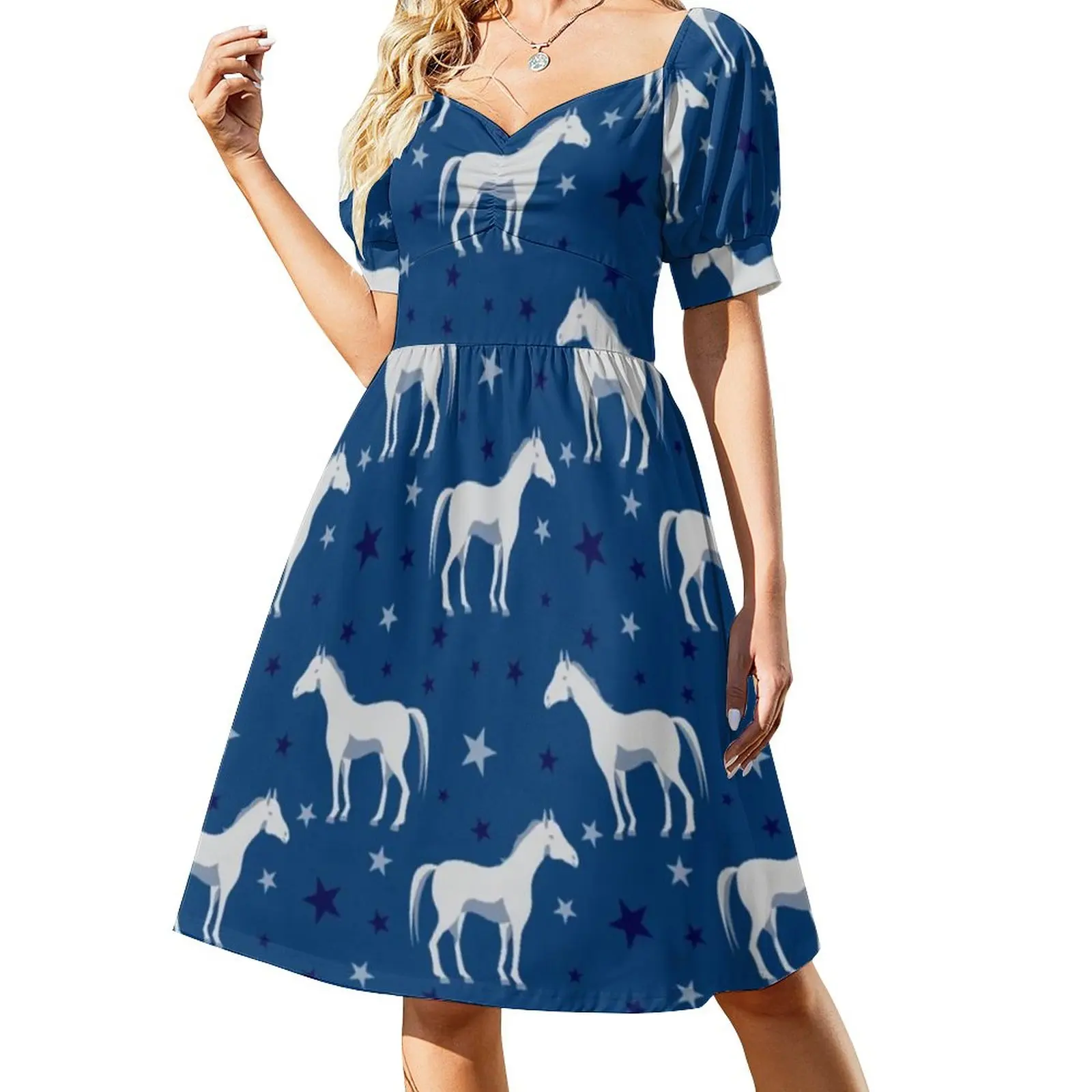 

White Horse Stars Dress Horses Trendy Blue Star Print Elegan Dresses Summer Woman Sexy Graphic V Neck Street Style Casual Dress