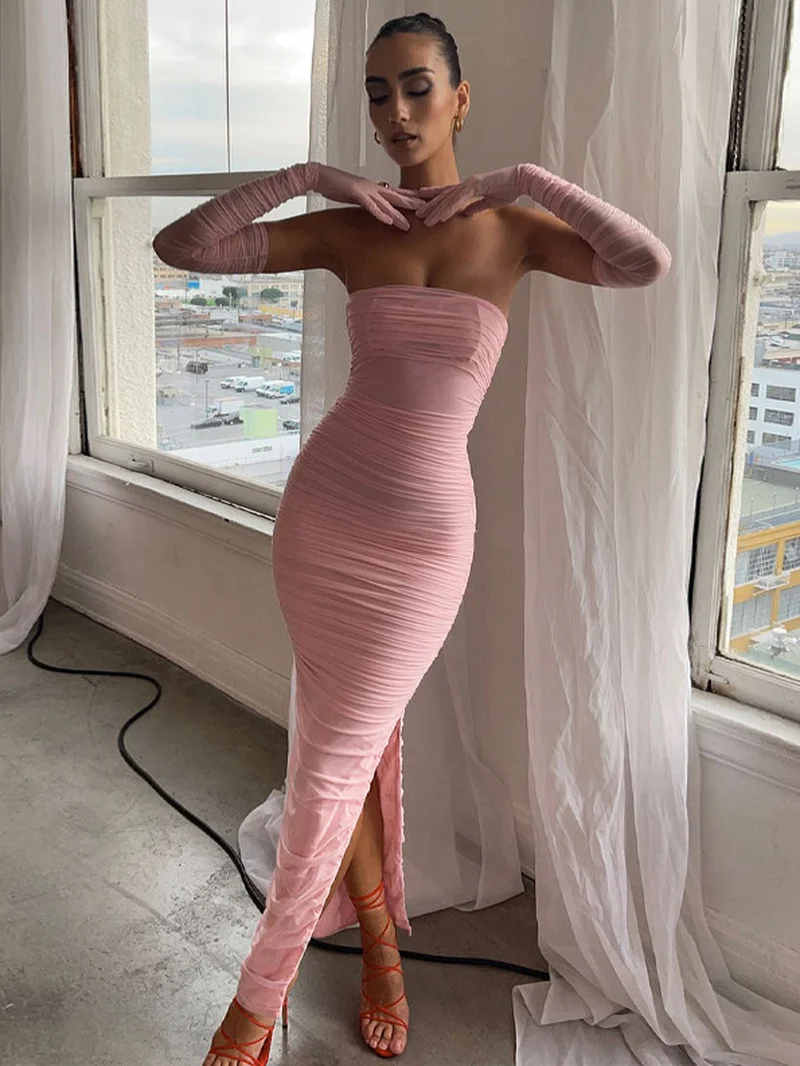 

Woman Outfits 2022 Summer Mesh Oversleeve Strapless Folds Bodycon Wedding Party Dresses Elegant Black Red Split Long Maxi Robe
