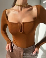 long sleeve solid color bodycon women bodysuits 2022 spring new fashion skinny brown bottoming clothes slim lady tops wholesale