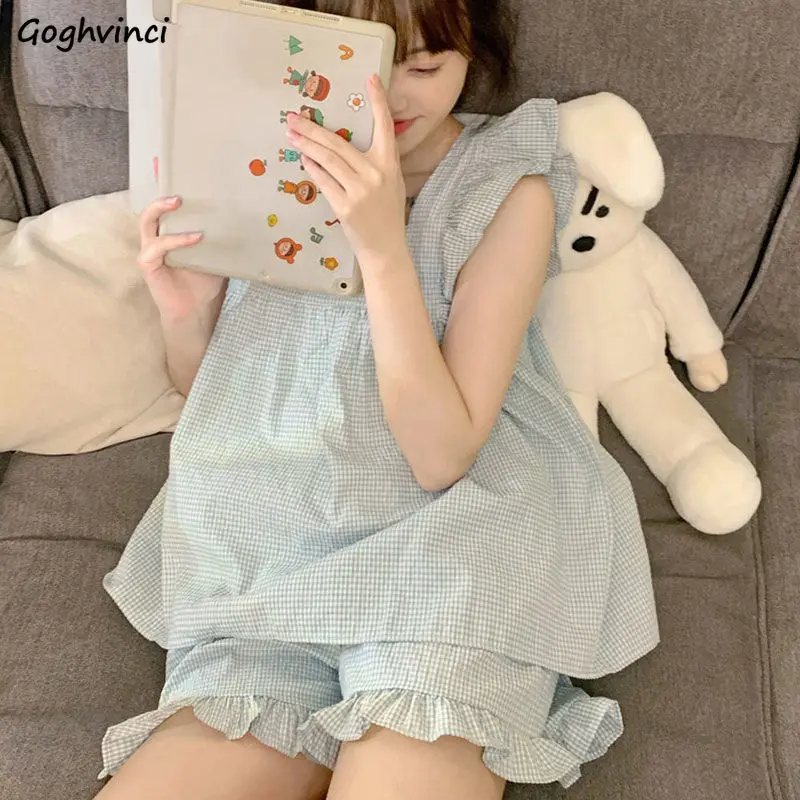 

Pajama Sets Plaid Simple Home Kawaii Sweet Soft Breathable Casual Cozy Basic Korean Style Summer New Arrival Mujer De Moda Ins