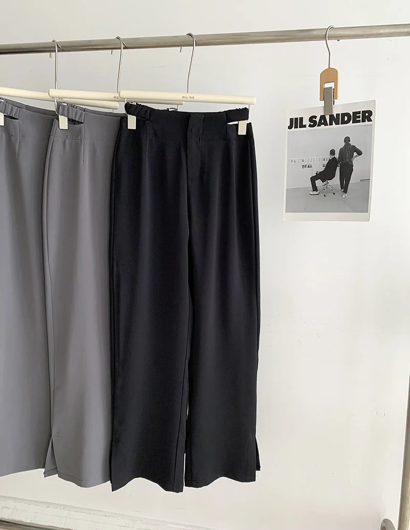 

Брюки костюмные с высокой талией, свободные с широкими штанинами, с эластичным поясом, серые черные, на лето