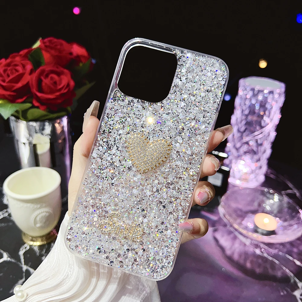 

Shining Glitter Phone Case For iPhone 14 13 12 11 Pro XS Max Mini X XR 6S 8 7 Plus Crystal Bling Heart Silicone Cover Funda