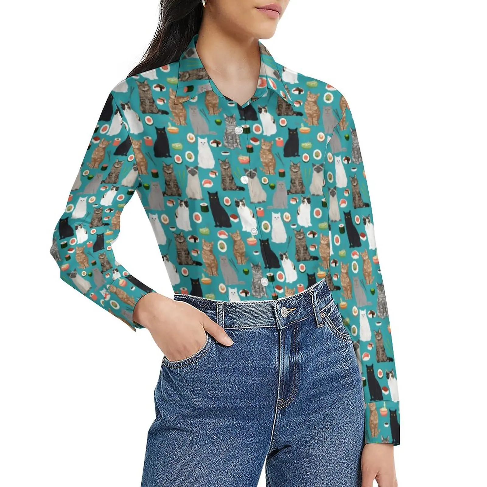 

Cat And Sushi Blouse Long Sleeve Funny Food Print Cute Blouses Female Classic Oversize Shirt Design Tops Gift
