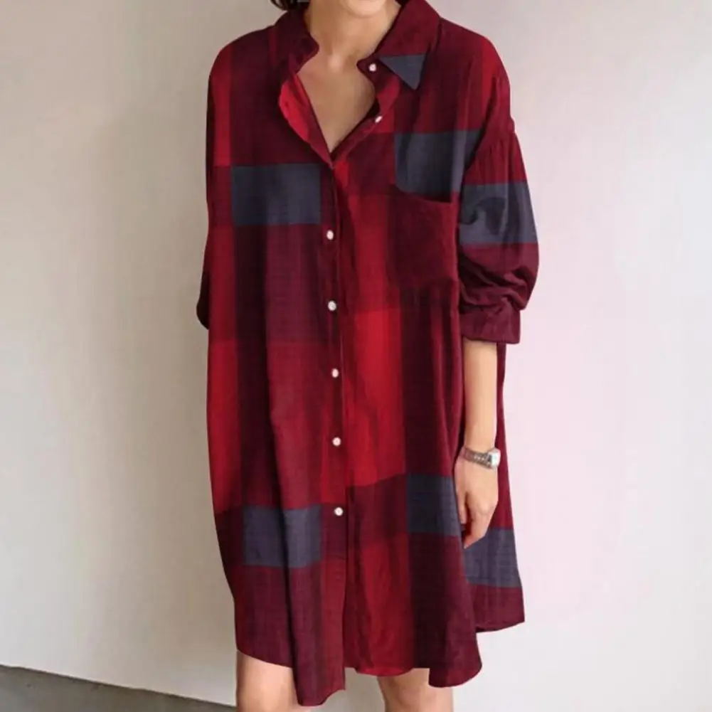 

Stylish Plaid Print Plus Size Fall Blouse Women Shirt Soft Casual