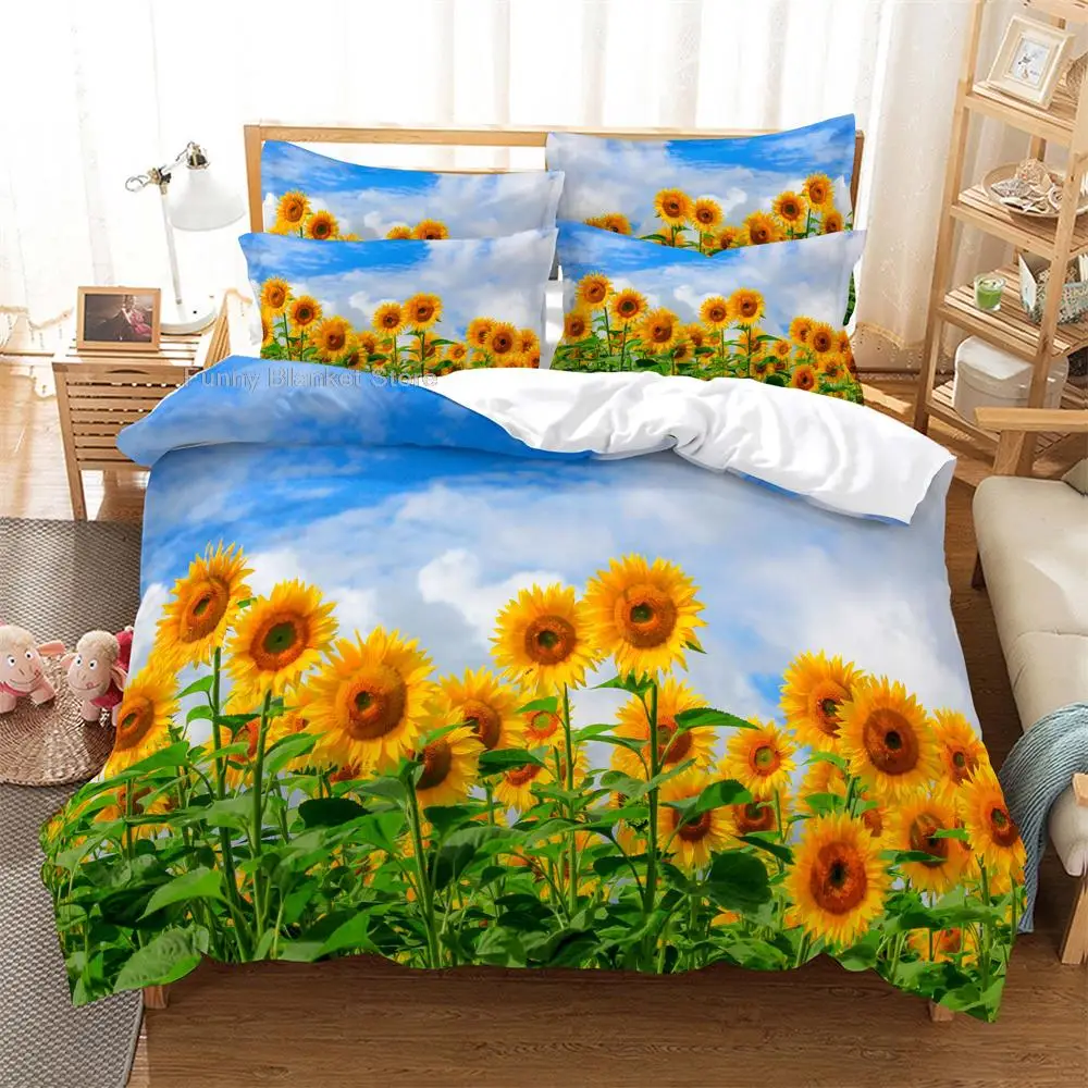 

Sunflowers Bedding 3-piece Digital Printing Cartoon Plain Weave Craft For North America And Europe Bedding Set Queen