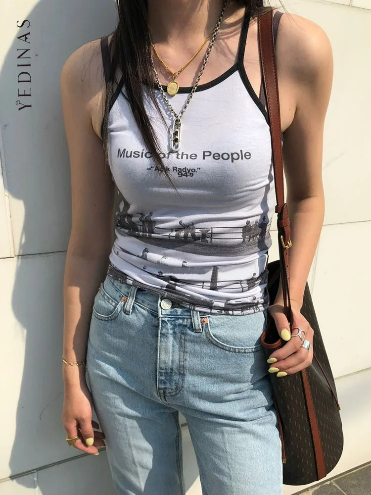 

Женский топ без рукавов Yedinas, винтажный топ с принтом граффити на бретелях-спагетти, пикантный топ в Корейском стиле, Y2k