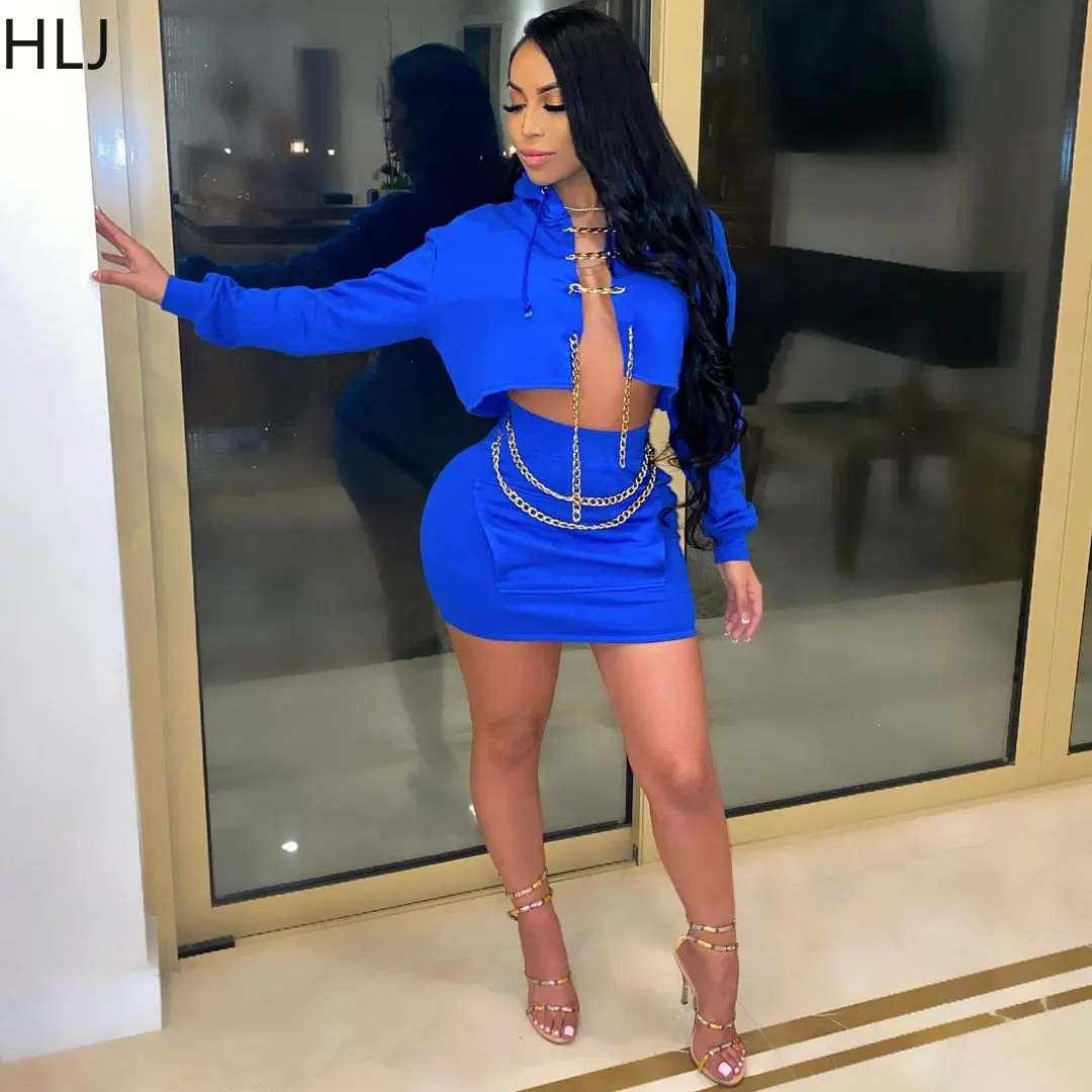 

HLJ Fashion Cardigan Bandage Mini Skirts Two Piece Sets Sexy Hollow Out Hooded Crop Top And Skirt Outfits Casual Matching Suits