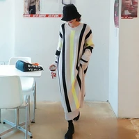 korean fashion fall winter loose vertical stripes long sweater dress women oversize pullover knitted sweater casual knit dresses