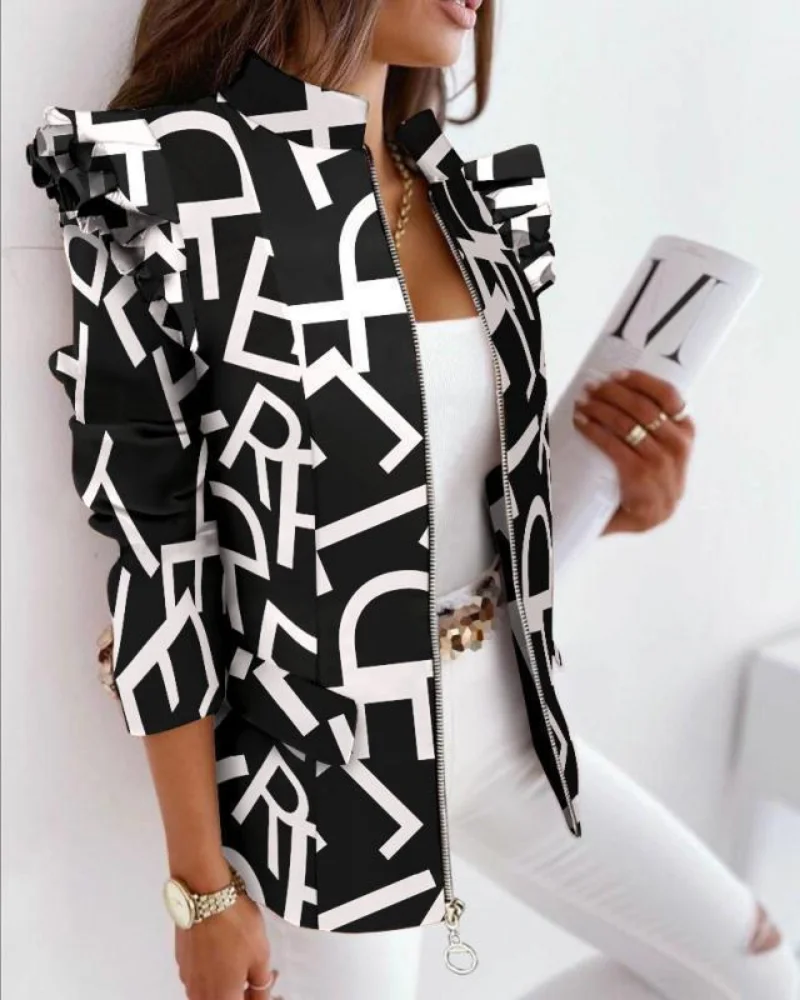 2023 Autumn and Winter Jacket Blazers for Women Ruffles Long Sleeve Zipper Print Jacket Women Coats