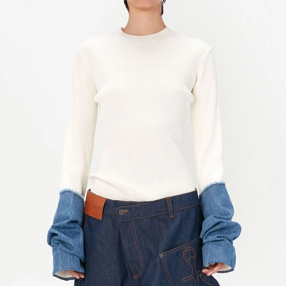 

White Round Neck Cuffs Stitching Denim Thin Women's Knitted T-shirt Top 2023 Spring Fashion Versatile Y2k Bottoming Shirt