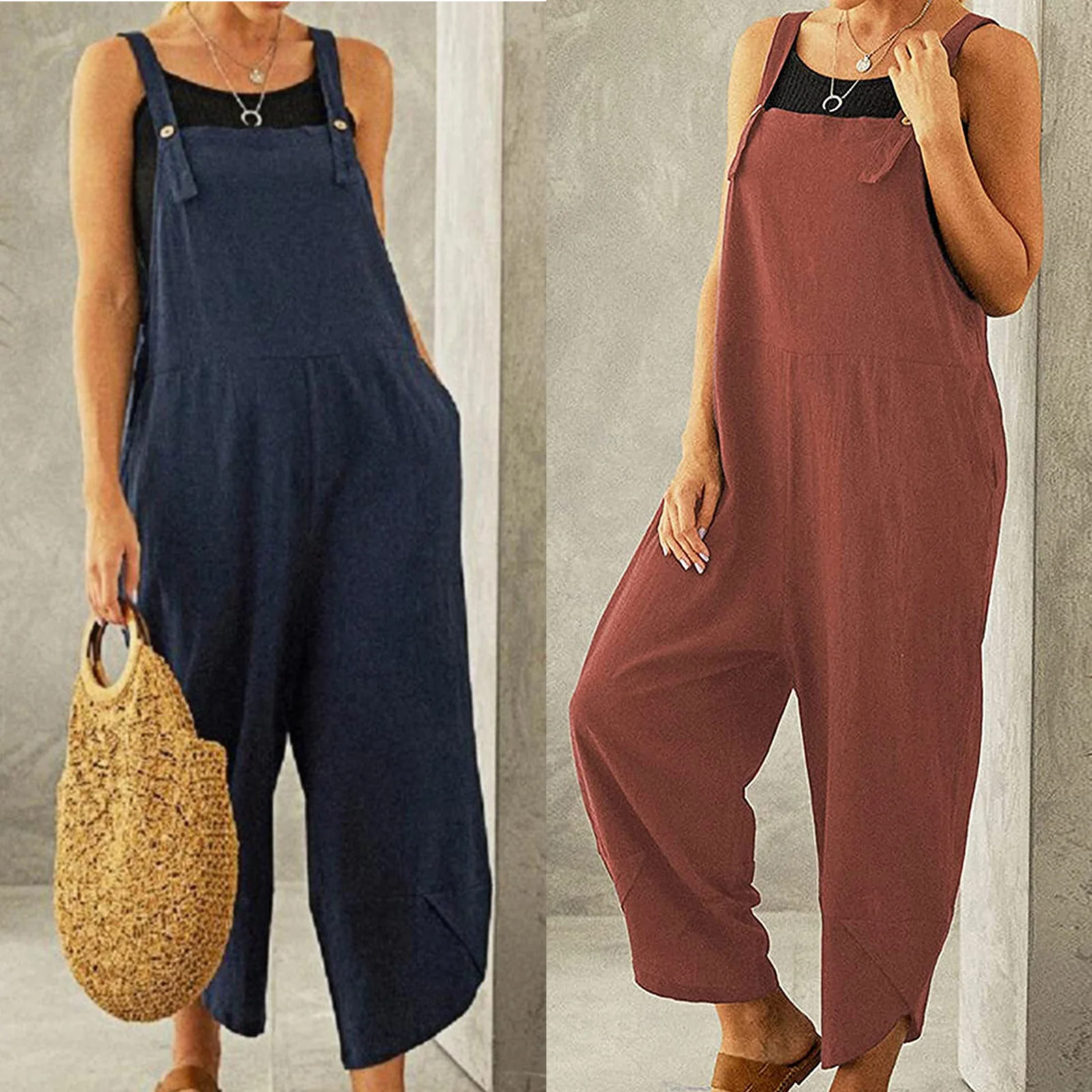 

Women Solid Color Loose Jumpsuit Sleeveless Cotton Wide Leg Pants Overalls Fashion Casual with Button Daily Wear