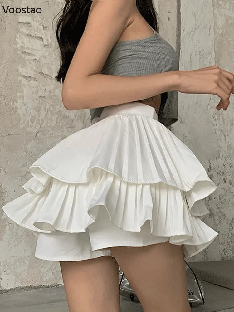 High Waist Pleated Mini Skirt Women Double Layer White A-line Skirts Female Y2k Clothes Korean Fashion Gothic Harajuku Skirt