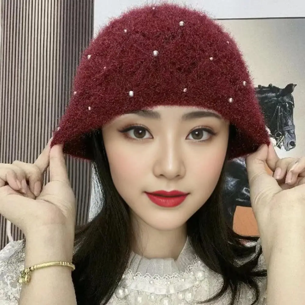 

Women Knit Hat Stylish Handmade Knitted Hats for Women Soft Stretchy Pearl-decorated Skull Beanie Caps with Ear for Autumn