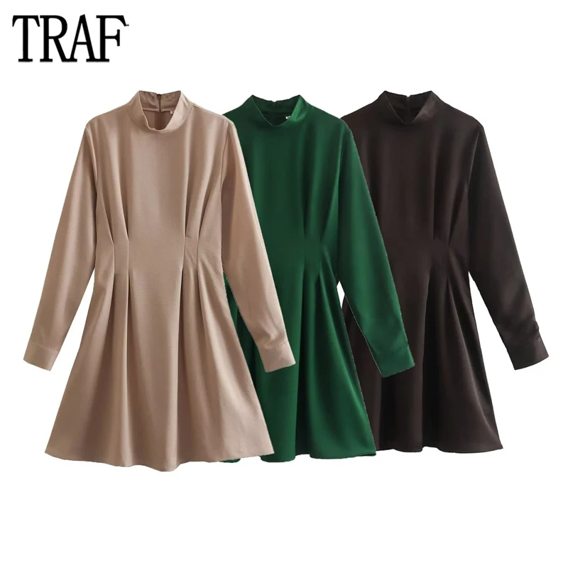 

TRAF 2023 Satin Dress Woman Pleated Short Women Dress Long Sleeve Office Wear Mini Dresses for Women Ruched Winter Female Dress