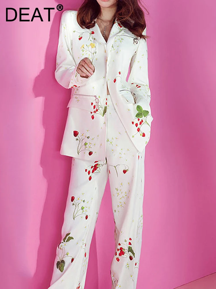 

DEAT Fashion Women's 2 Pcs Set Printed Notched Collar Single Button Blazers Straight Long Pants Suit Autumn 2023 New 17A9130