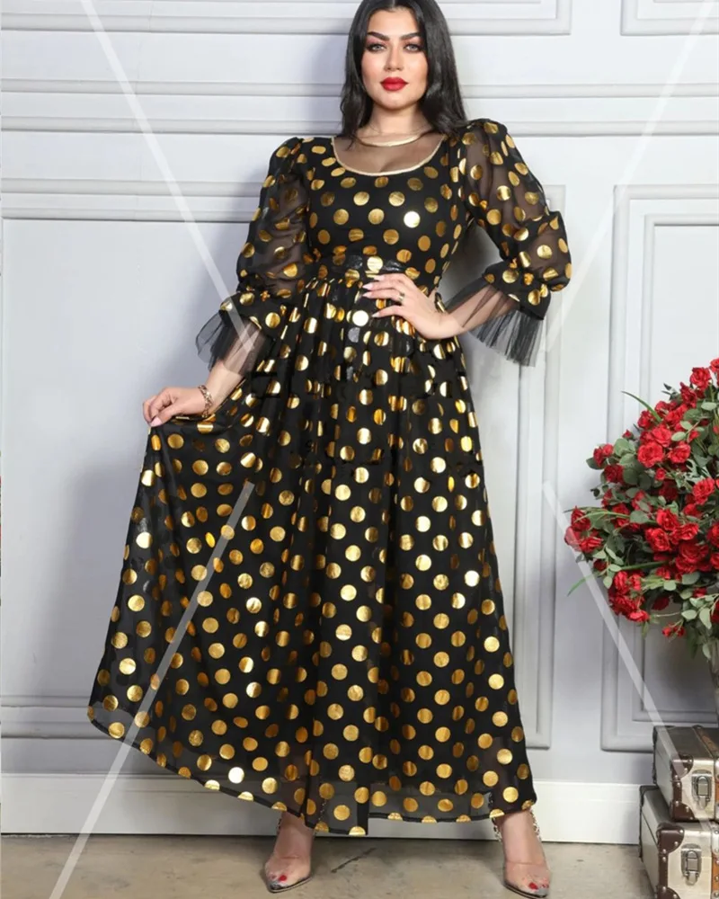 

2022 New Eid Polka Dot Print Muslim Party Long Dress African Evening Dresses for Women Elegant Moroccan Caftan Islamic Clothing