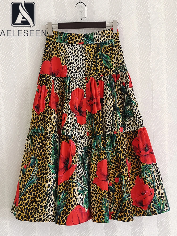 AELESEEN Designer Fashion Women 100% Cotton Skirt 2022 Summer Runway Flower Leopard Printed Elegannt Long Party Holiday Polin