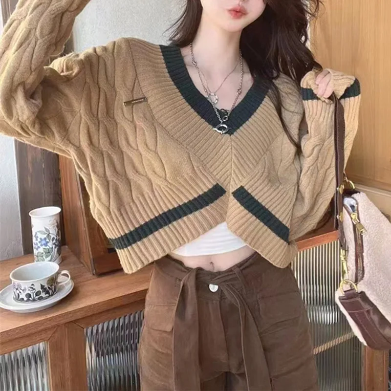 

Осенний Новый вязаный свитер в ленивом стиле, женская трикотажная одежда, дизайнерский вязаный Топ для женщин