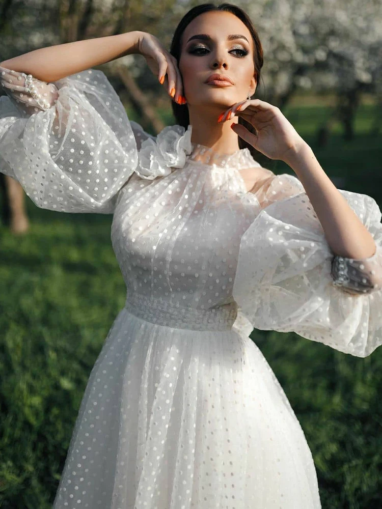 

New Classic Retro High Neck Half Sleeve Puff Sleeve Wedding Dress A Line Sexy Sheer Open Back Formal Bridal Wedding Dress