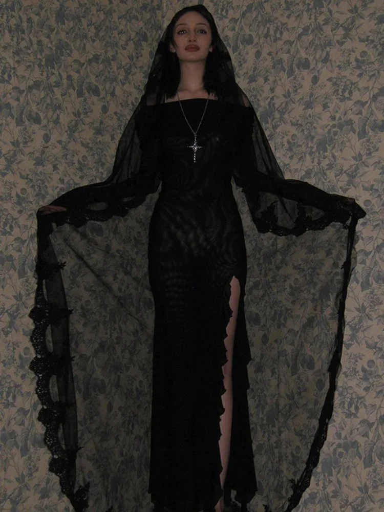 

2023 Gothic Off Shoulder Folds Mesh Midi Dress Women Sexy High Slit Grunge Bodycon Casual E-girl Punk Harajuku Festival Dresses