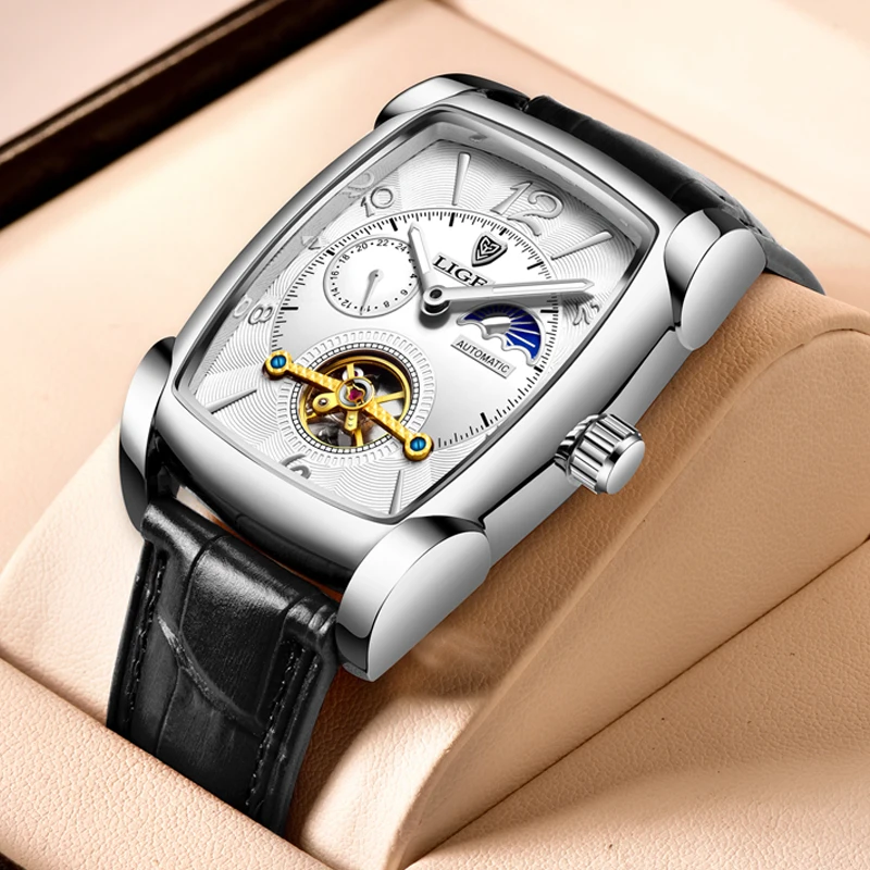 

LIGE Top Brand Luxury Mens Watches Square Automatic Watch for Men Tourbillon Clock Genuine Leather Waterproof Mechanical Watch
