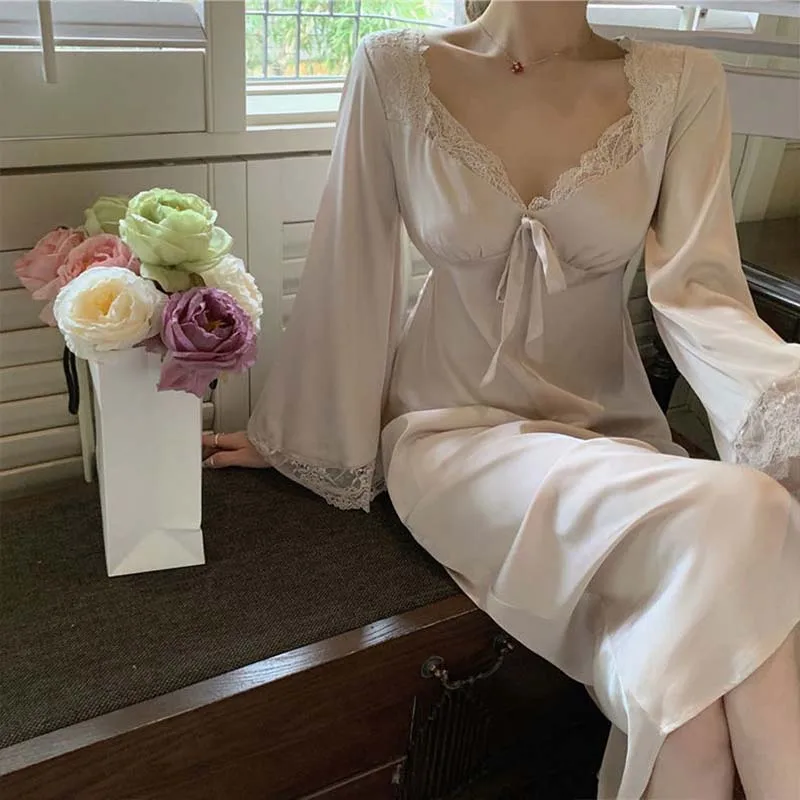 Women Nightgowns French Court Style Nightdress Solid V-neck Lace Bow Lace Long Dress Fairy Sweet Elegant Casual Chic Nightdress