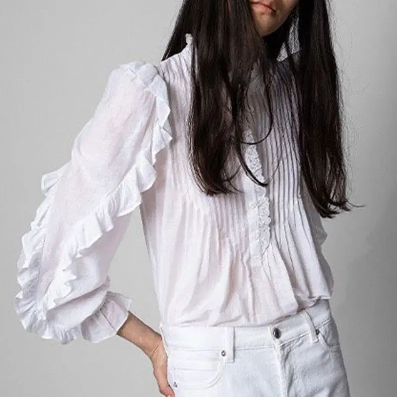 Shirt Women's Top Spring/Summer 2023 New Design Sense Lace Neck Lantern Sleeve Solid Cotton Long Sleeve Casual Top