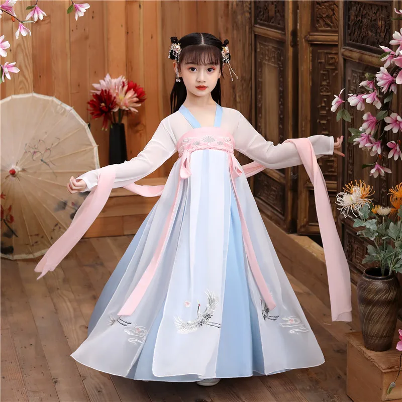 

Chinese Traditional Folk Dance Dress for Girls Fairy Crane Embroidery Hanfu Dress Children Folk Stage Performance Cosplay Dress