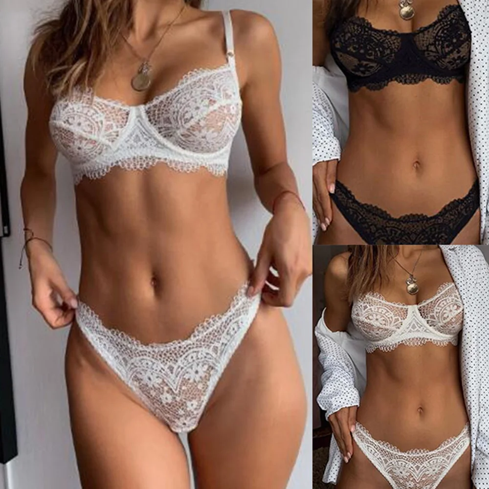 

Women's Sexy Erotic Lace Lingerie Bra Thong Panties Elastic Transparent Sensual Underwear Set Nightwear Sleepwear