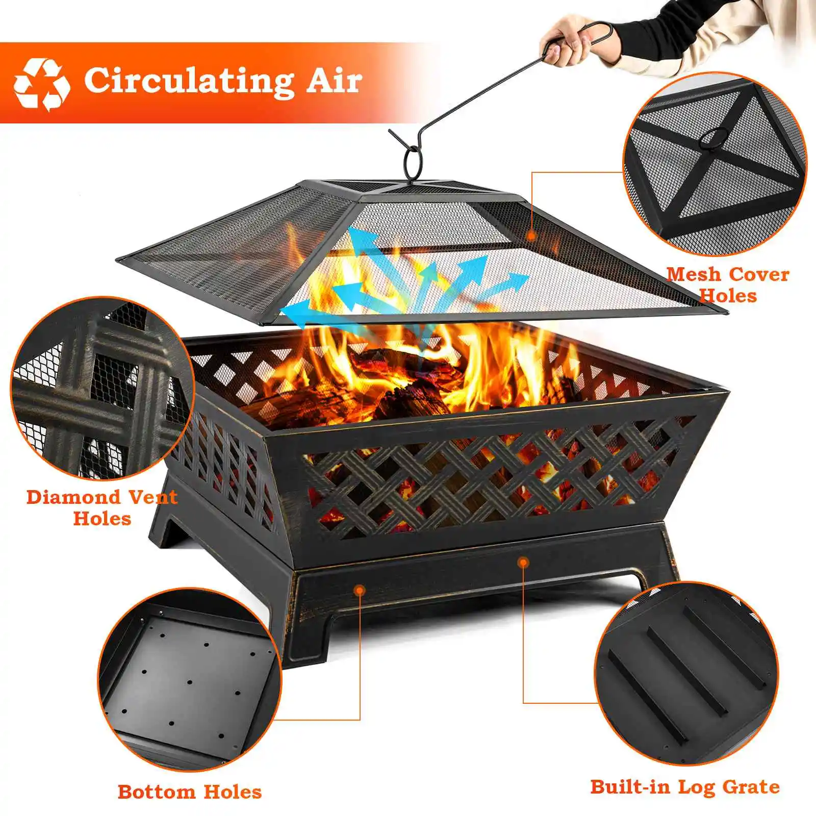 

34in Fire Pits for Outside Extra Large Wood Burning Fire Pit Rectangular Outdoor Steel Firepits for Camping Backyar Picnic BBQ