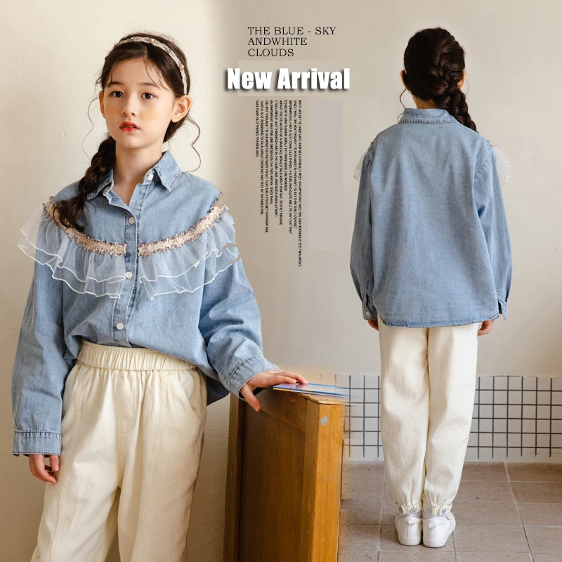 

Кружевные джинсовые рубашки для девочек 8 10 лет, детские весенние Осенние Топы, модная милая фотография