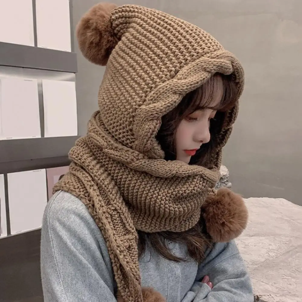 

Twist Trim Ear Protection Thickened Knitted Scarf Hat Women Winter Plush Balls Decor Hooded Scarf Costume Accessories