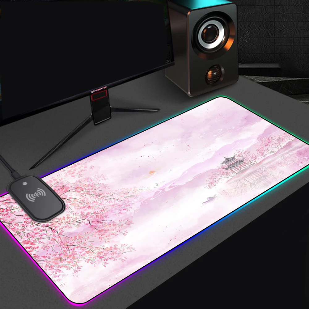 

Pink Sakura Wireless Charging Mouse Pad Anime Carpet Rubber Mat Accessories for Pc Rugs Office on The Table Kawaii Desk Mat