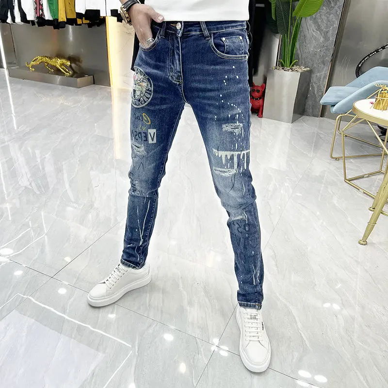 

2022 Blue Hot Drilling Man Portrait Pattern Jean Men Slim Little Feet Trend Heavy Industry Korean Slim Brand Pant Sequins