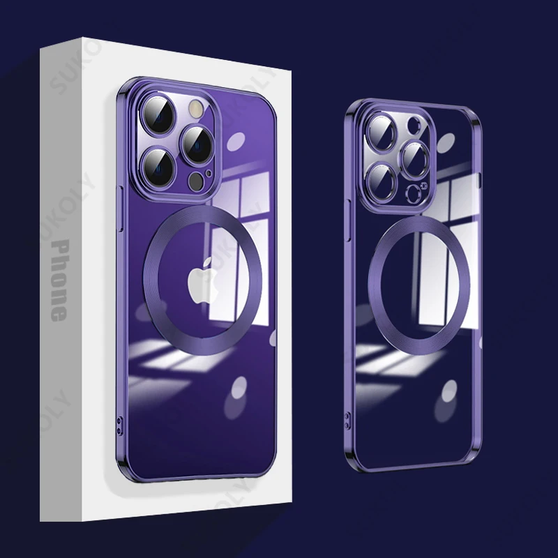 

Прозрачный Магнитный чехол Magsafe для iPhone 14 13 12 Pro Max 14 Pro, силиконовый бампер с покрытием, прозрачная крышка с защитой объектива