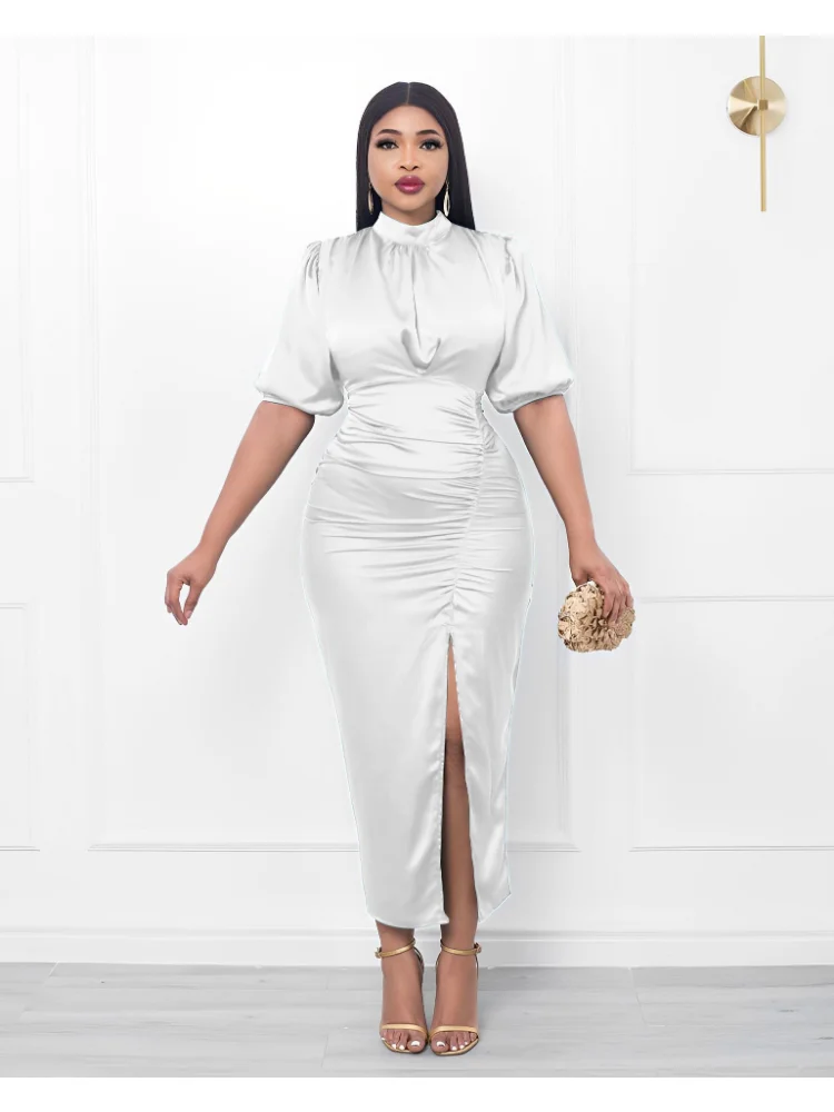 Women's High Neck Tight Dress Elegant High Split Pleated Dress Plus Size Dresses Summer Dress