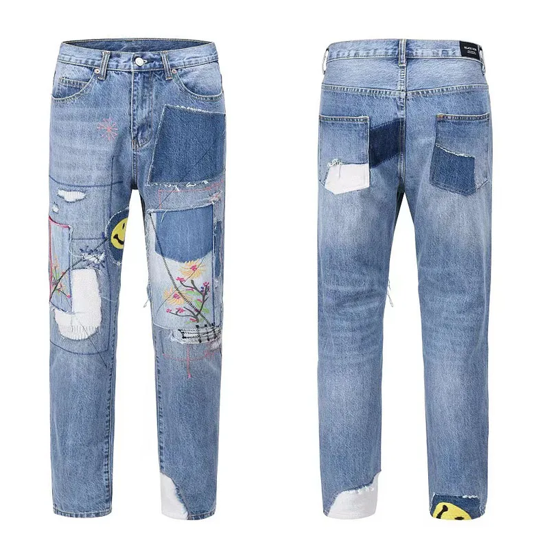 Hip Hop High Street Jeans Patchwork Smiley Patch Cowboy Trousers Men Women Casual Vintage Make Old Personality Jeans