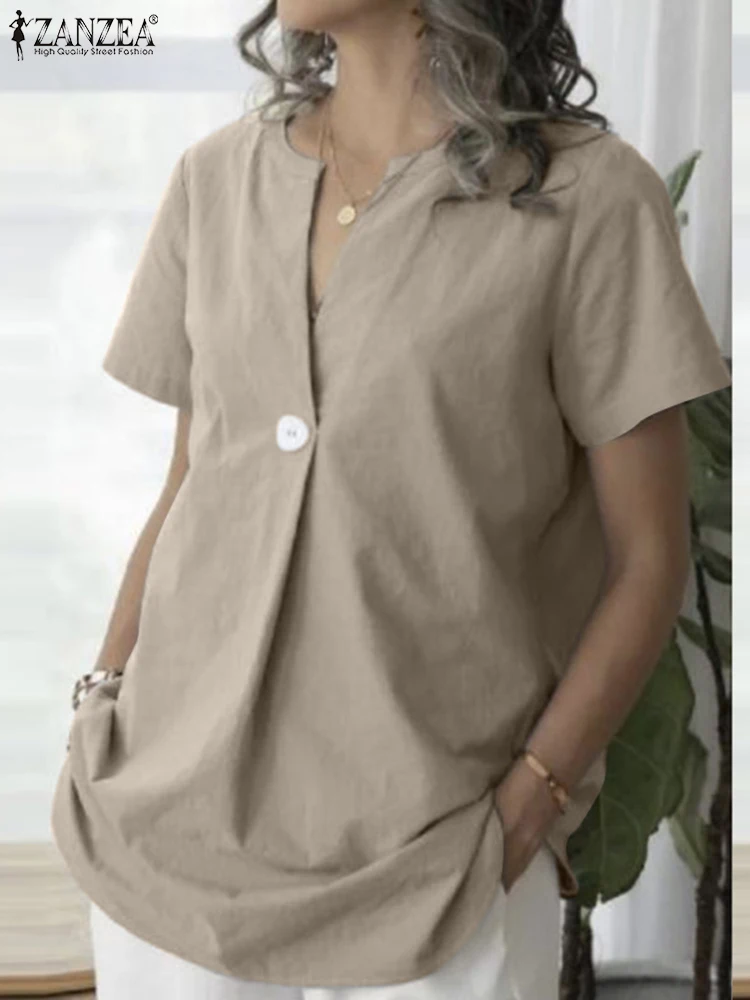 

Women Elegant Solid OL Shirt ZANZEA Summer V Neck Short Sleeve Blouse Female Fashion Casual Cotton Blusas Loose Tunic Tops Mujer