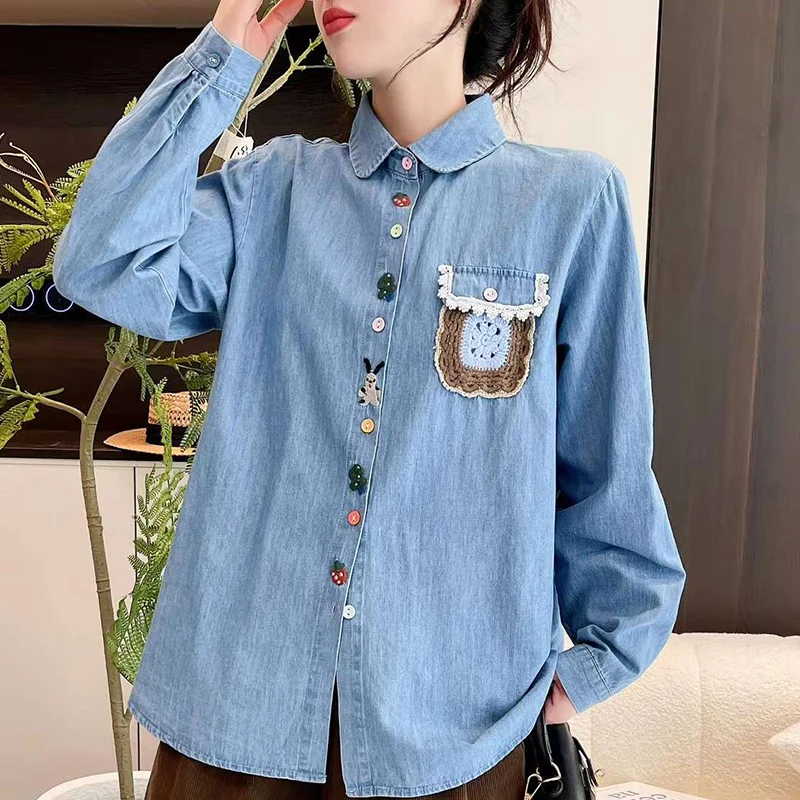 

Spring Autumn Sweet Single Pocket Flower Embroidered Long Sleeve Shirt Women Clothing Casual Cotton Base Blouse Tops U207
