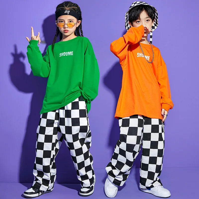 

Kid Kpop Hip Hop Clothing Oversized Sweatshirt Top Checkered Streetwear Baggy Pants for Girl Boy Jazz Dance Costume Clothes